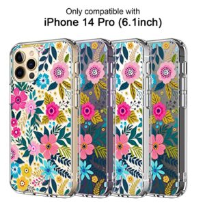 ICEDIO for iPhone 14 Pro Case with Screen Protector,Slim Fit Crystal Clear Cover with Fashion Designs for Girls Women,Durable Protective Phone Case 6.1" Cute Colorful Blooming Floral