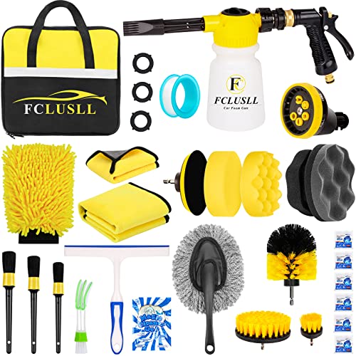 FCLUSLL 27Pcs Car Wash Kit with Foam Gun Sprayer, Car Cleaning Kit with 6 in 1 Adjustable Nozzle Drill Brush Set Tire Polishing Applicator Pad Wash Mitt Towel, Quick Connects to Most Garden Hose