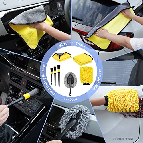 FCLUSLL 27Pcs Car Wash Kit with Foam Gun Sprayer, Car Cleaning Kit with 6 in 1 Adjustable Nozzle Drill Brush Set Tire Polishing Applicator Pad Wash Mitt Towel, Quick Connects to Most Garden Hose