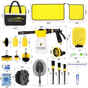 FCLUSLL 27Pcs Car Wash Kit with Foam Gun Sprayer, Car Cleaning Kit with 6 in 1 Adjustable Nozzle Drill Brush Set Tire Polishing Applicator Pad Wash Mitt Towel, Quick Connects to Most Garden Hose