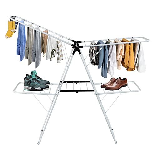 COSTWAY Clothes Drying Rack, Foldable 2-Level Laundry Drying Rack w/Height-Adjustable Wings, 33 Drying Rails & Sock Clips, Standing Large Drying Rack for Clothing, Indoor Outdoor Use