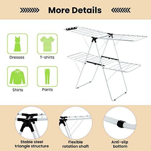 COSTWAY Clothes Drying Rack, Foldable 2-Level Laundry Drying Rack w/Height-Adjustable Wings, 33 Drying Rails & Sock Clips, Standing Large Drying Rack for Clothing, Indoor Outdoor Use