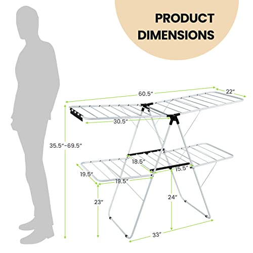 COSTWAY Clothes Drying Rack, Foldable 2-Level Laundry Drying Rack w/Height-Adjustable Wings, 33 Drying Rails & Sock Clips, Standing Large Drying Rack for Clothing, Indoor Outdoor Use