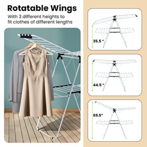 COSTWAY Clothes Drying Rack, Foldable 2-Level Laundry Drying Rack w/Height-Adjustable Wings, 33 Drying Rails & Sock Clips, Standing Large Drying Rack for Clothing, Indoor Outdoor Use