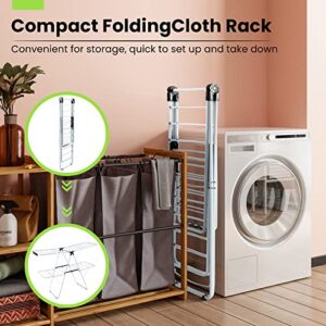 COSTWAY Clothes Drying Rack, Foldable 2-Level Laundry Drying Rack w/Height-Adjustable Wings, 33 Drying Rails & Sock Clips, Standing Large Drying Rack for Clothing, Indoor Outdoor Use