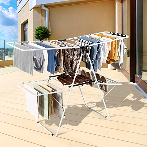 COSTWAY Clothes Drying Rack, Foldable 2-Level Laundry Drying Rack w/Height-Adjustable Wings, 33 Drying Rails & Sock Clips, Standing Large Drying Rack for Clothing, Indoor Outdoor Use