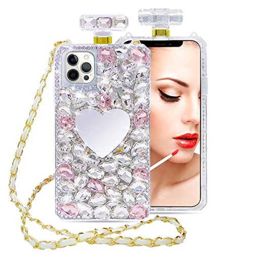 Losin Perfume Bottle Case Compatible with iPhone 14 Pro Max Bling Diamond Case Luxury Glitter Shiny Rhinestones Gemstone Cover Heart Makeup Mirror with Fashion Crossbody Lanyard for Women and Girls