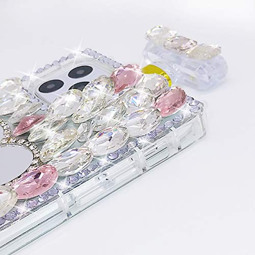 Losin Perfume Bottle Case Compatible with iPhone 14 Pro Max Bling Diamond Case Luxury Glitter Shiny Rhinestones Gemstone Cover Heart Makeup Mirror with Fashion Crossbody Lanyard for Women and Girls