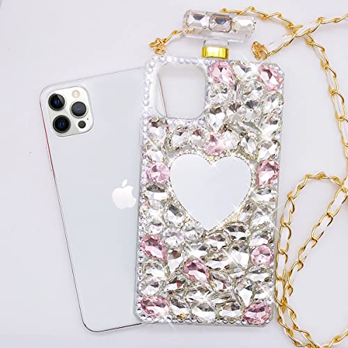 Losin Perfume Bottle Case Compatible with iPhone 14 Pro Max Bling Diamond Case Luxury Glitter Shiny Rhinestones Gemstone Cover Heart Makeup Mirror with Fashion Crossbody Lanyard for Women and Girls