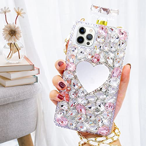 Losin Perfume Bottle Case Compatible with iPhone 14 Pro Max Bling Diamond Case Luxury Glitter Shiny Rhinestones Gemstone Cover Heart Makeup Mirror with Fashion Crossbody Lanyard for Women and Girls