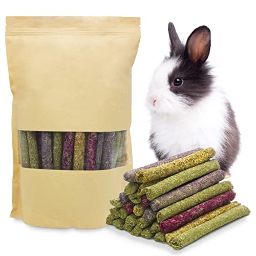 Fhiny 68 PCS Rabbit Chew Sticks, Natural Petals Timothy Hay Sticks Guinea Pig Chewing Toys for Teeth Small Animals Molar Snacks for Bunny Guinea Pig Chinchilla Hamster