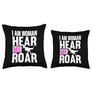 I Am Woman Hear Me Roar Rawr TShirt with Dinosaurs Dinosaur Art,I Am Woman Hear Me Roar Throw Pillow, 16x16, Multicolor