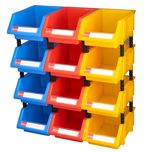 Organizer Bins Plastic Storage Bins Tool Storage Bins Stacking storage bins(Blue&Red&Yellow,4 Per Color)