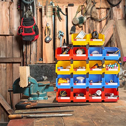 Organizer Bins Plastic Storage Bins Tool Storage Bins Stacking storage bins(Blue&Red&Yellow,4 Per Color)