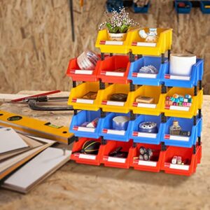 Organizer Bins Plastic Storage Bins Tool Storage Bins Stacking storage bins(Blue&Red&Yellow,4 Per Color)