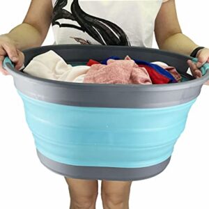 SAMMART 23L (6 Gallons) Collapsible Plastic Laundry Basket - Oval Tub/Basket - Foldable Storage Container/Organizer - Portable Washing Tub - Space Saving Laundry Hamper (Grey/Crystal Blue)