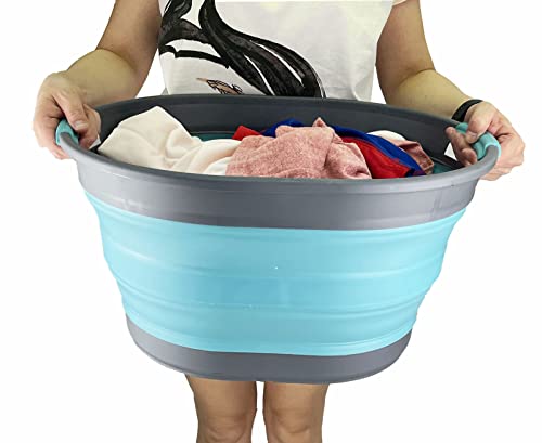 SAMMART 23L (6 Gallons) Collapsible Plastic Laundry Basket - Oval Tub/Basket - Foldable Storage Container/Organizer - Portable Washing Tub - Space Saving Laundry Hamper (Grey/Crystal Blue)