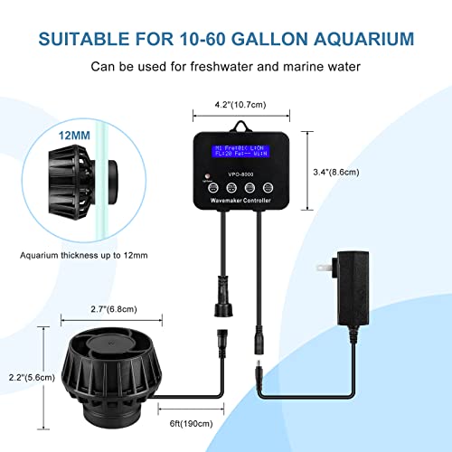 JEREPET 2100GPH Aquarium Wave Maker with Controller Mini DC 24V 12W Powerhead with Magnetic Mounting, Wavemaker with LED Display for 30 to 60 Gallon Tank