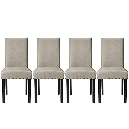 glitzhome Set of 4 Upholstered Chairs, PU Leather Dining Room Kitchen Side Chair with Nailhead Trim and Rubber Wood Legs, Gray