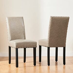 glitzhome Set of 4 Upholstered Chairs, PU Leather Dining Room Kitchen Side Chair with Nailhead Trim and Rubber Wood Legs, Gray