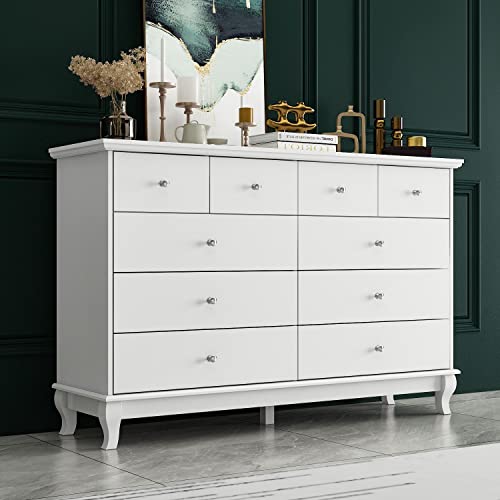 FAMAPY Chest of Drawers 10 Drawer Chest Dresser Wood Dresser, Wooden Legs, Drawer Organization for Bedroom Closet White (55.1”W x 15.7”D x 35.4”H)