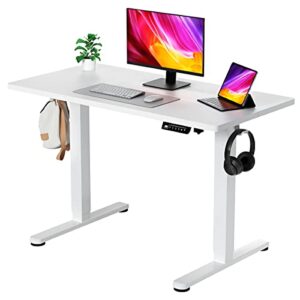 jylh joyseeker electric standing desk, 48 x 24 inches adjustable height desk, modern sit stand up desk with memory controller and hook, ergonomic rising desk for home office, white