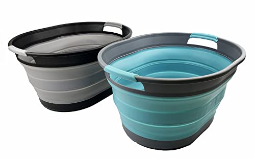 SAMMART 23L (6 Gallons) Set of 2 Collapsible Plastic Laundry Basket - Oval Tub - Foldable Storage Container/Organizer - Portable Washing Tub - Space Saving Laundry Hamper (Alloy Grey/Crystal Blue)