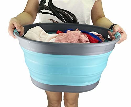 SAMMART 23L (6 Gallons) Set of 2 Collapsible Plastic Laundry Basket - Oval Tub - Foldable Storage Container/Organizer - Portable Washing Tub - Space Saving Laundry Hamper (Alloy Grey/Crystal Blue)