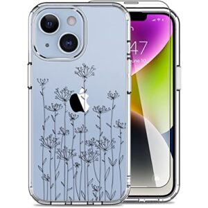 luhouri iphone 14 case with screen protector, clear cover with fashion cute designs for women girls, slim fit durable protective phone case for apple iphone 14 6.1" elegant small flowers