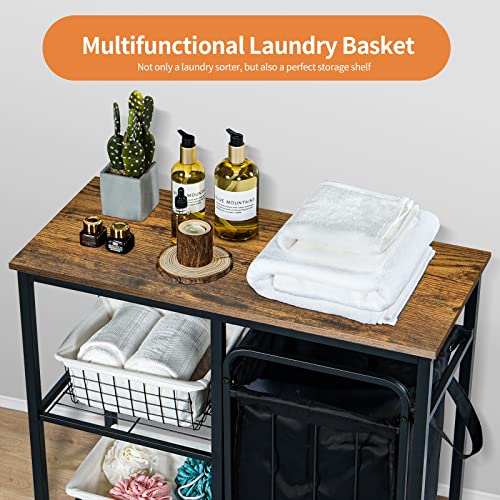 Bennio Brenny Laundry Hamper Cart with Shelves, Laundry Basket with Lid & Wheels, 2 Section Laundry Sorter, Steel Frame and Top Shelf, Pull-Out and Removable Oxford Fabric Laundry Bags