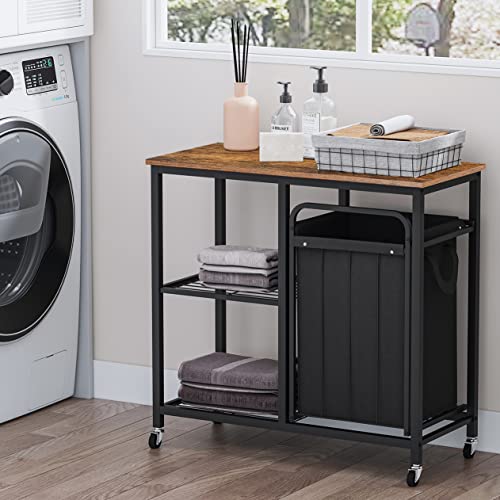 Bennio Brenny Laundry Hamper Cart with Shelves, Laundry Basket with Lid & Wheels, 2 Section Laundry Sorter, Steel Frame and Top Shelf, Pull-Out and Removable Oxford Fabric Laundry Bags