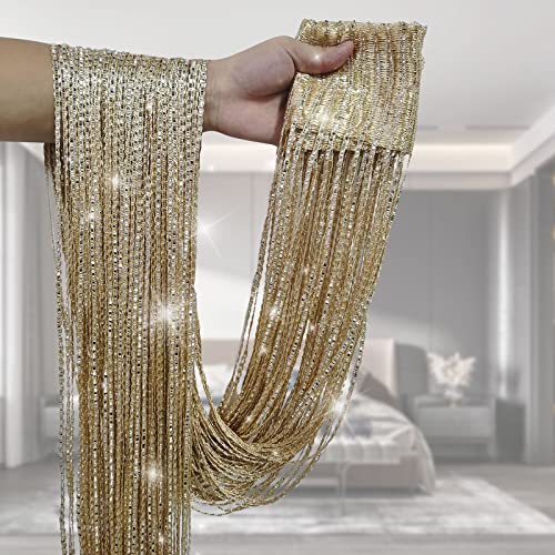 DLD String Curtains Beaded Door Curtain,Curtains Panel Divider Window Door Fly Screen for Door Wall and Window Decoration,200cm x 100 cm(200cm*100 cm,Golden)