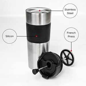 French Press Mug for Travel, Stainless Steel Travel Coffee and Tea Press, Hot or Cold Brew, Ideal Personal Mug for Travel, Car, Office, Camping, 15oz (Metallic Gray)