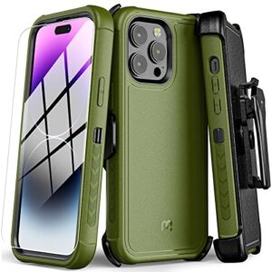 mybat pro shockproof maverick series case for iphone 14 pro max case with belt clip holster and tempered glass, 6.7 inch, heavy duty military grade drop protective, with 360° rotating kickstand-green