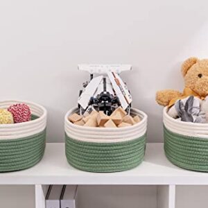 Kriitools Shelf Storage Baskets for Organizing|Cute Basket for Closet&Blanket Storage|Small Woven Baskets to Store Toys,Books,etc.-13x8.66x5.11’’ Cotton Rope,Stylish,Oval 3 Packs Off White&Green