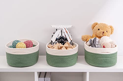 Kriitools Shelf Storage Baskets for Organizing|Cute Basket for Closet&Blanket Storage|Small Woven Baskets to Store Toys,Books,etc.-13x8.66x5.11’’ Cotton Rope,Stylish,Oval 3 Packs Off White&Green