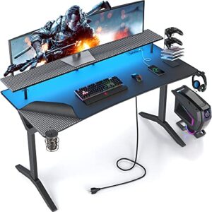 mr ironstone gaming desk 55 inch with led lights & power outlets, computer gamer desk with full mouse pad & carbon fiber surface, y shaped leg gamer table with monitor stand, gift for boys men
