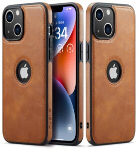 casus logo view compatible with iphone 14 plus case slim premium vegan leather classic luxury elegant thin cover (2022) 6.7" (brown)