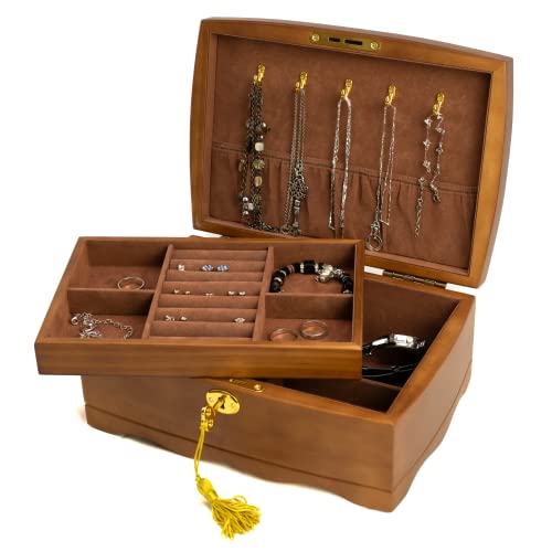 EURIELK Wooden Jewelry Box with Lock & Key for Women, Medium Size Real Natural Wood Lockable Antique Girls Organizer Boxes with Large Storage, Big Ring Compartments, & Built in Necklace Hooks, Brown