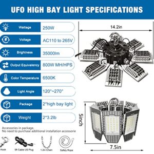 Fucoda 250W LED High Bay Light 35,000LM Industrial Commercial LED Shop Light with 5’ Cables Plug High Bay LED Lights for Commercial Warehouse Workshop Garage Factory Barn Low Bay Area Light- 2 Pack