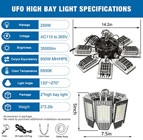 Fucoda 250W LED High Bay Light 35,000LM Industrial Commercial LED Shop Light with 5’ Cables Plug High Bay LED Lights for Commercial Warehouse Workshop Garage Factory Barn Low Bay Area Light- 2 Pack