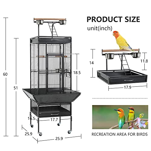 BestPet 61-inch Wrought Iron Large Bird Cage with Play Top and Rolling Stand Parrot Cage Bird Cages for Parakeets Parrots Conures Lovebird Cockatiel Cockatoo Chinchilla Finch Cage Macaw