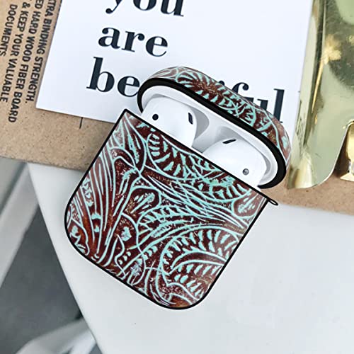 Case Cover for AirPods 1 & 2 Country Teal Brown Western Rustic Tooled Cowboy Full Body Protection Case Earphone Earset Case Hard PC Cover