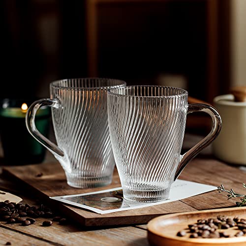 Lysenn Clear Glass Coffee Mugs Set of 2 - Premium Quality Glass Coffee Cups - Unique Twill Design Ribbed Glassware for Cappuccino, Latte, Espresso, Juice, Tea - 10 oz