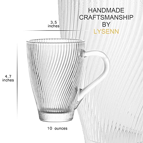 Lysenn Clear Glass Coffee Mugs Set of 2 - Premium Quality Glass Coffee Cups - Unique Twill Design Ribbed Glassware for Cappuccino, Latte, Espresso, Juice, Tea - 10 oz