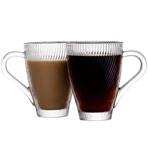 Lysenn Clear Glass Coffee Mugs Set of 2 - Premium Quality Glass Coffee Cups - Unique Twill Design Ribbed Glassware for Cappuccino, Latte, Espresso, Juice, Tea - 10 oz