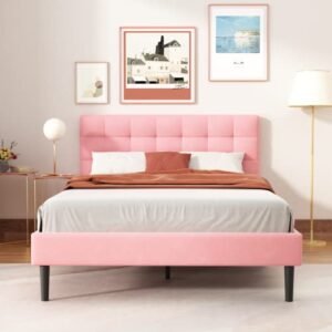 unizone queen size upholstered bed frame with tufted headboard, velvet platform bed with headboard, wood slats support, mattress foundation, no box spring needed, easy assembly, no squeak, pink
