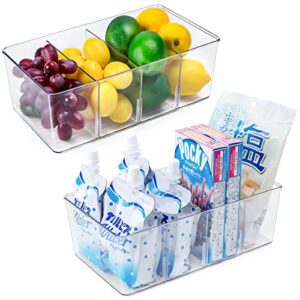 hansgo food storage organizer bins, 2pcs stackable clear plastic organizer bins with 6 dividers removable pantry organization and storage bins for cereal snacks tea seasoning
