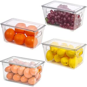 HANSGO Refrigerator Organizer Bins with Lid, 4PCS Stackable Organizer Basket Bins with Handles Clear Plastic Pantry Organizer and Storage Bins for Fridge Kitchen Bedroom Office