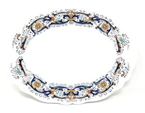 nova deruta orange fruit and tulips, blue fleur de lis, floral spirals ceramic serving dish plate platter, italian handcrafted earthenware for sur la table, deruta, made in italy, 9.75" long x 13.25"